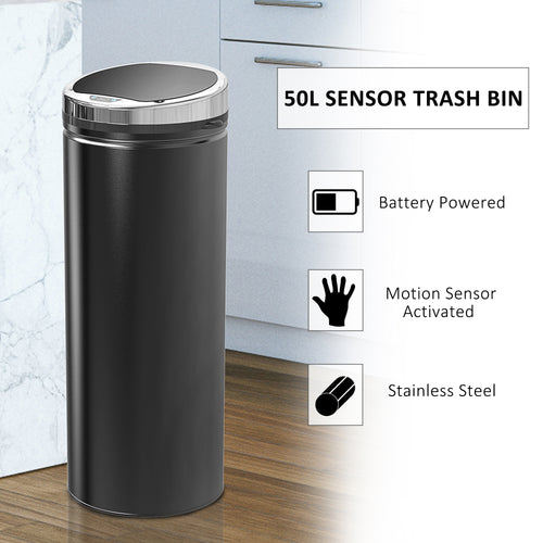 50L Sensor Bin With Quiet Soft-Close Lid, Automatic Touchless Motion Sensor Rubbish Bin With Fingerprint Resistant, Stainless Steel For Hygienic Kitchen, Home Office Use, Black-My Home Valley